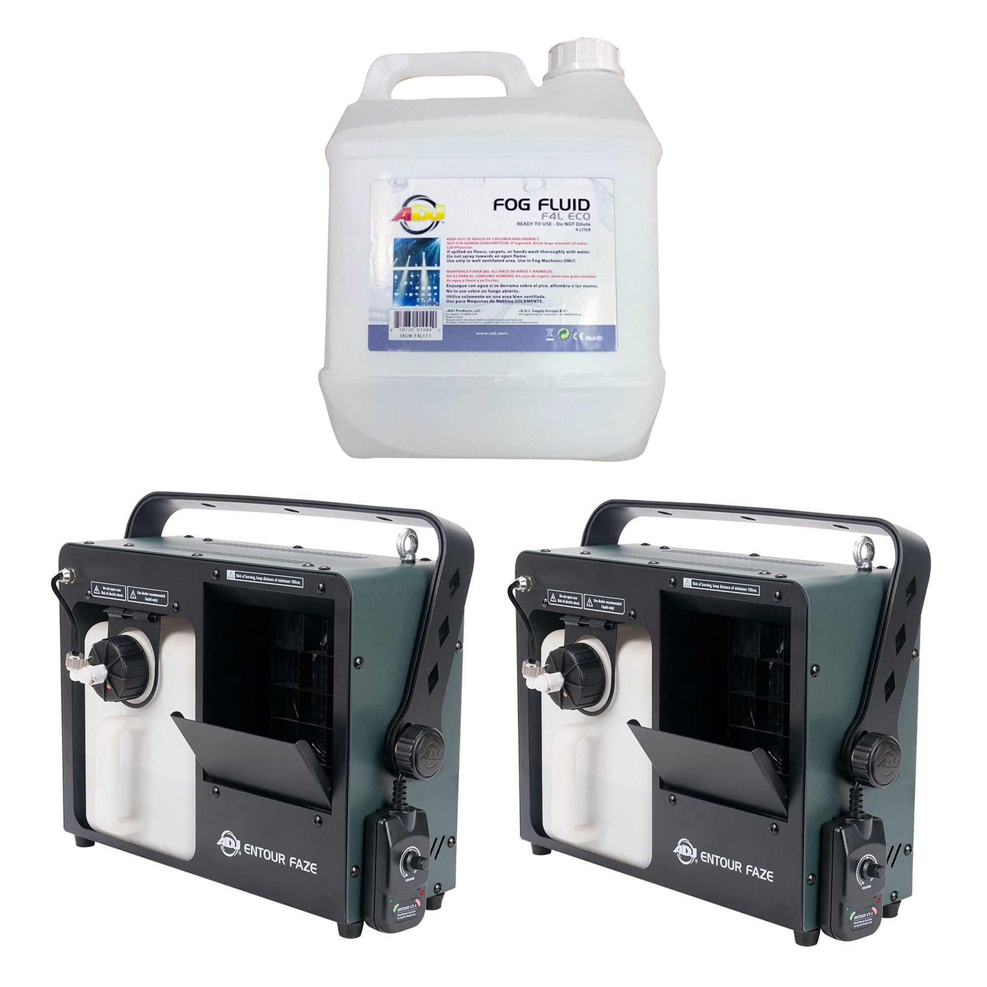 ADJ Entour Faze Portable Fog Machine (2 Pack) + Eco Fog Machine Liquid Juice, 4L