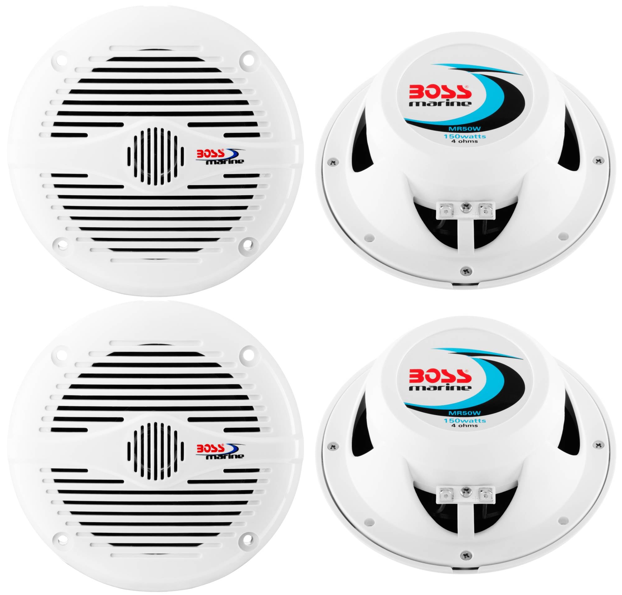 4) NEW BOSS MR50W 5.25" 2-Way 300W Marine/Boat Coaxial Audio Speakers - White