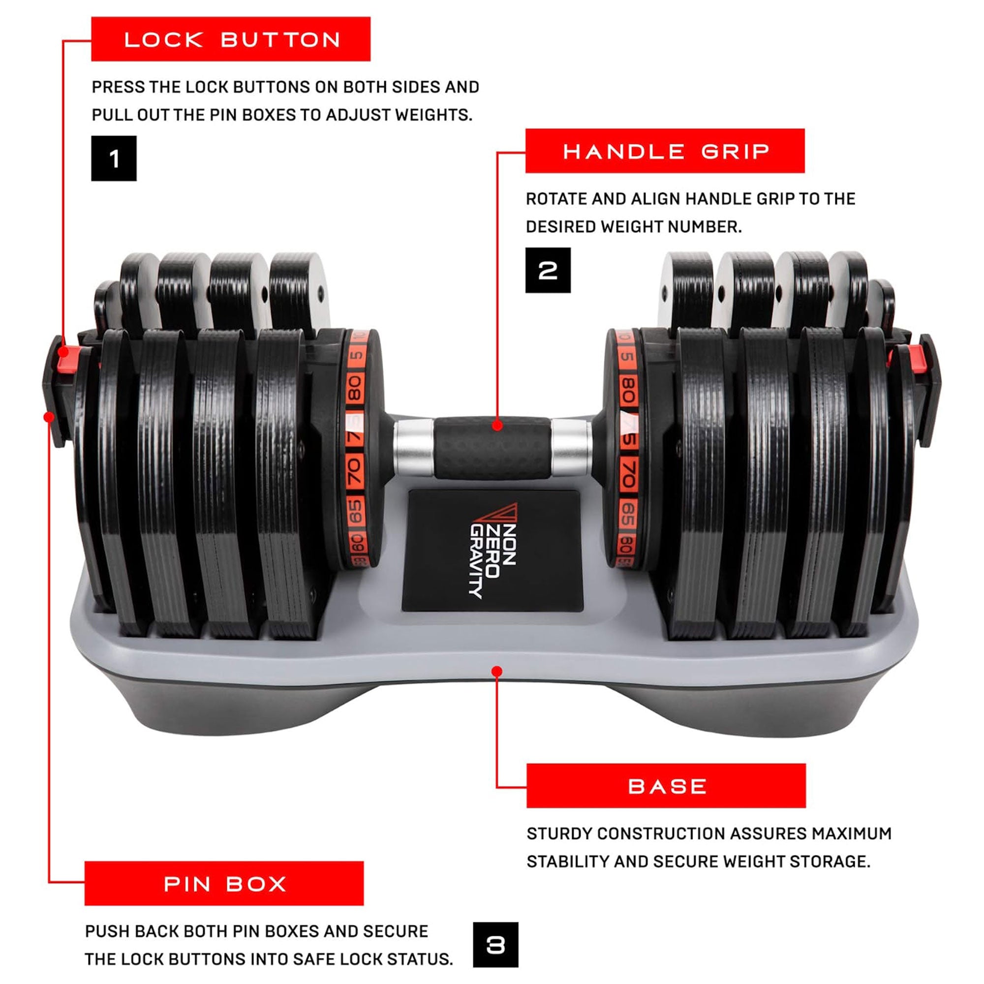 Nonzero Gravity PowerDyne Adjustable Dumbbell Weights, 80 Pounds, Coal (2 Pack) - VMInnovations