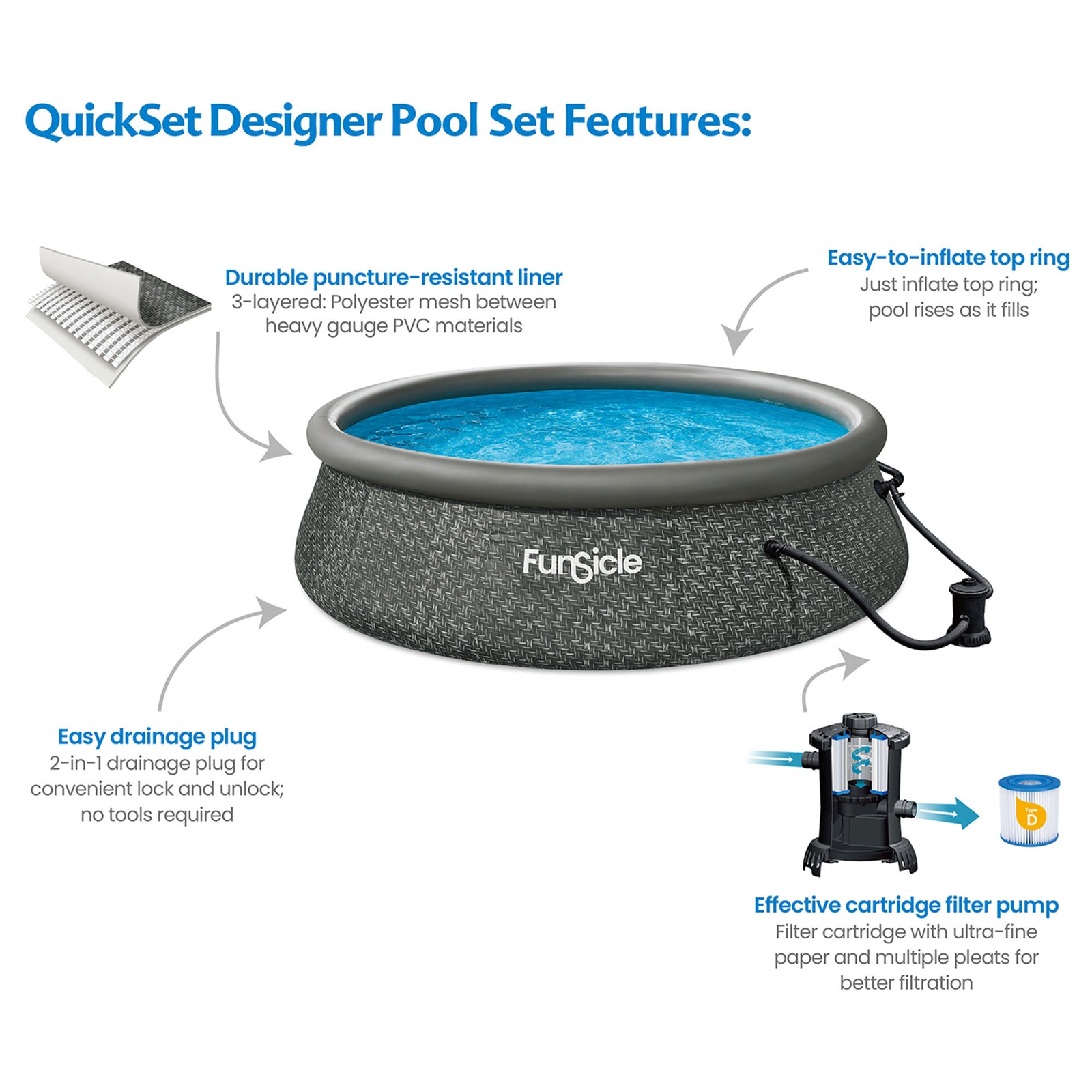 Funsicle 12' x 36" QuickSet Ring Top Above Ground Swimming Pool, Herringbone - VMInnovations