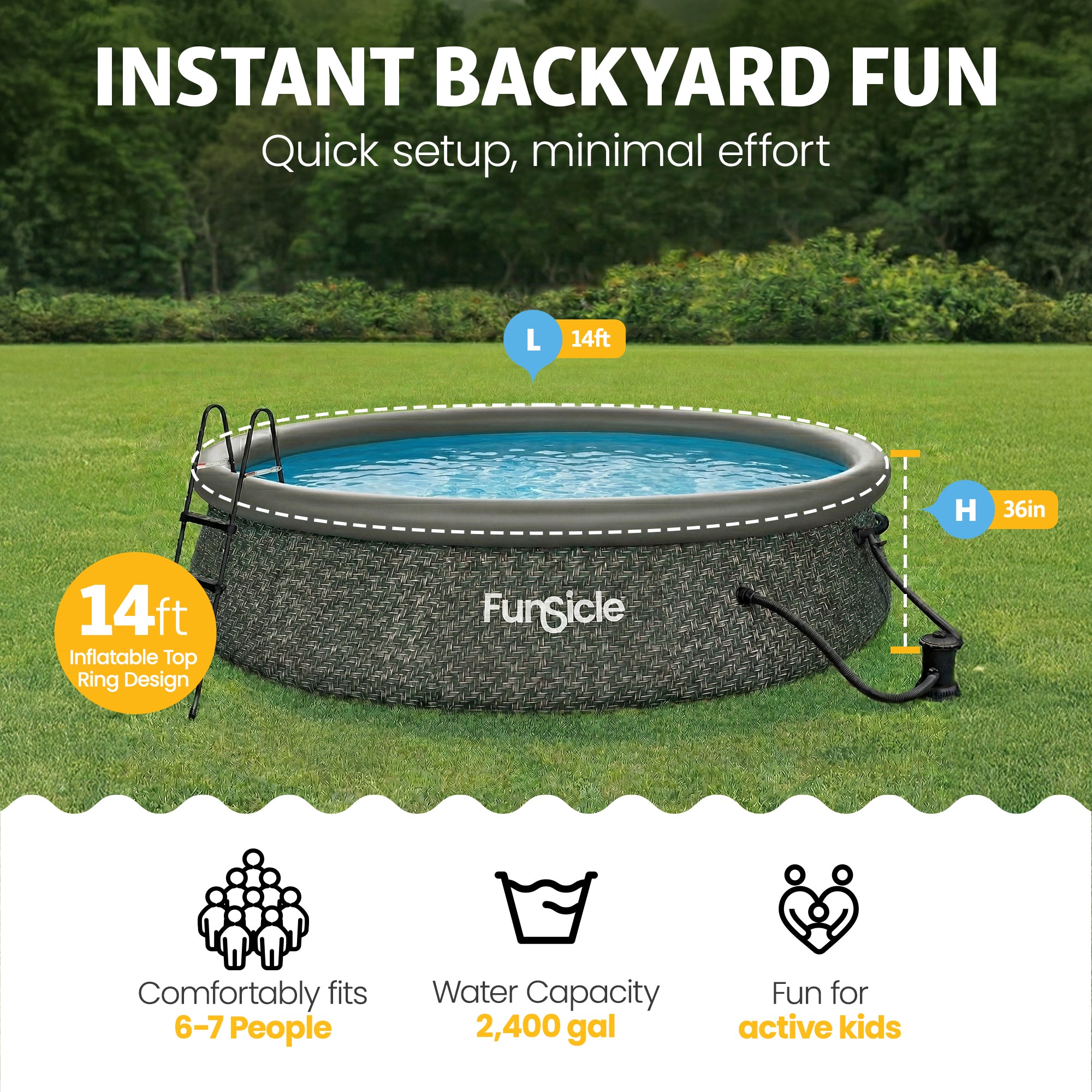Funsicle 14' x 36" QuickSet Ring Top Above Ground Swimming Pool Dark Herringbone