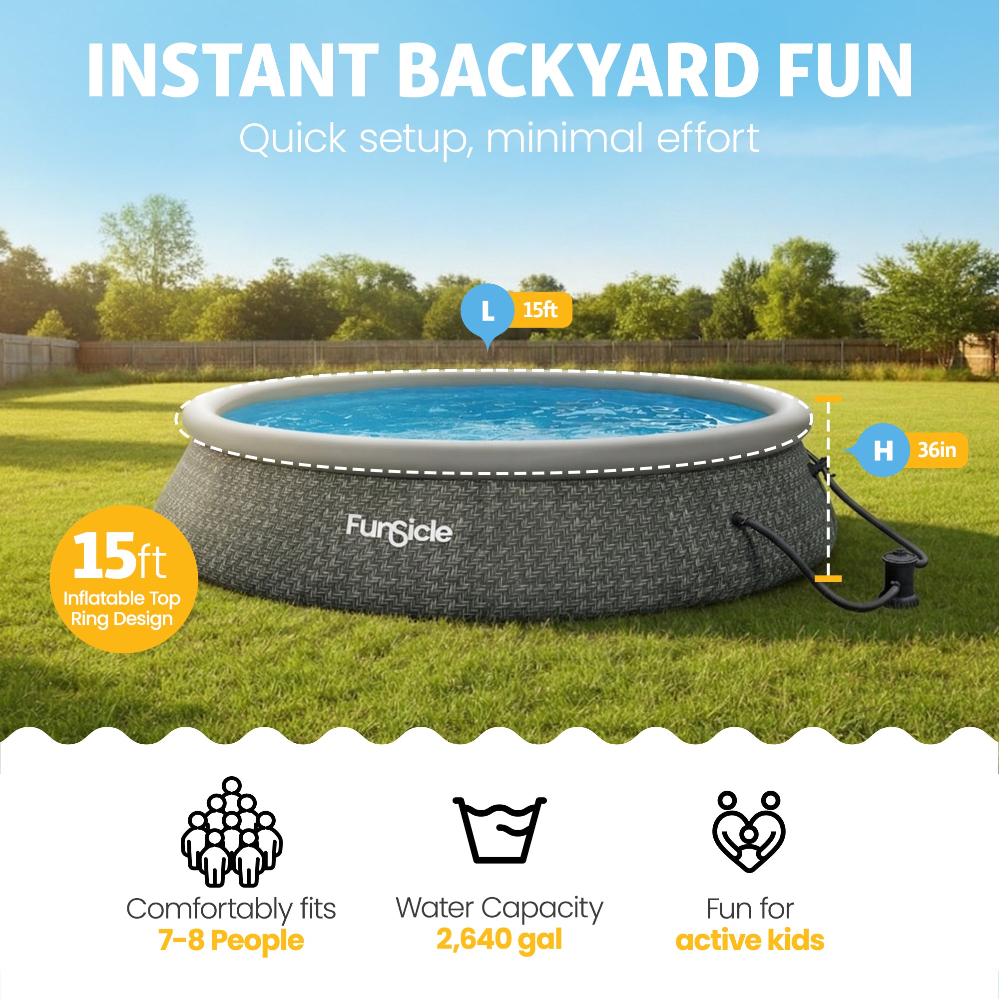 Funsicle 15' x 36" QuickSet Inflatable Ring Top Outdoor Above Ground Pool w/Pump