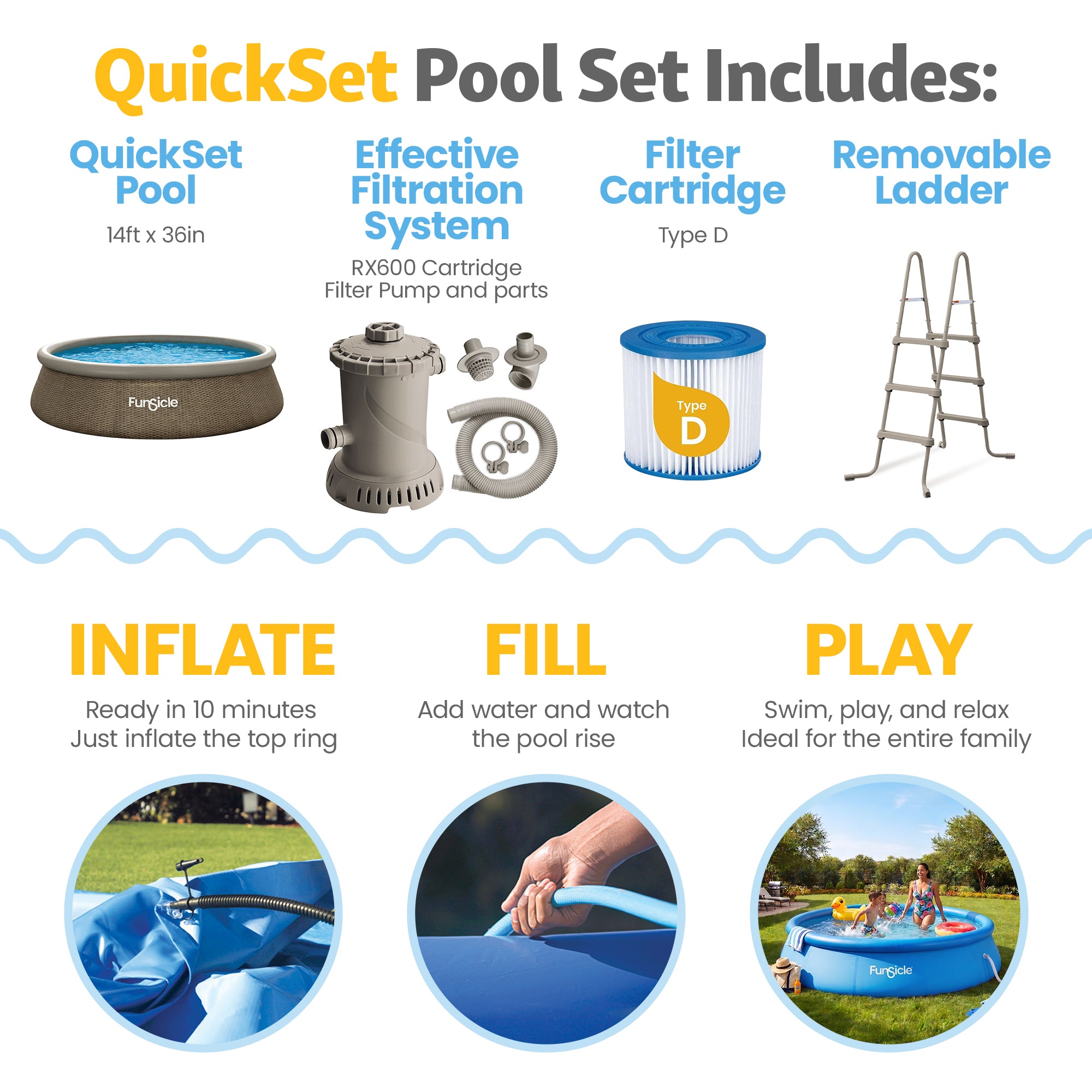 Funsicle 14' x 36" QuickSet Inflatable Ring Top Outdoor Pool w/Pump (Open Box)