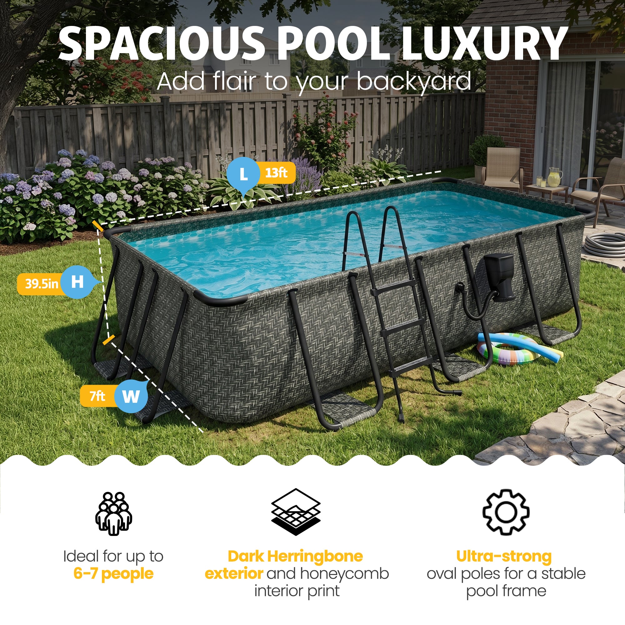 Funsicle 13 Ft Oasis Designer Lap Above Ground Pool w/ Pump, Dark Herringbone