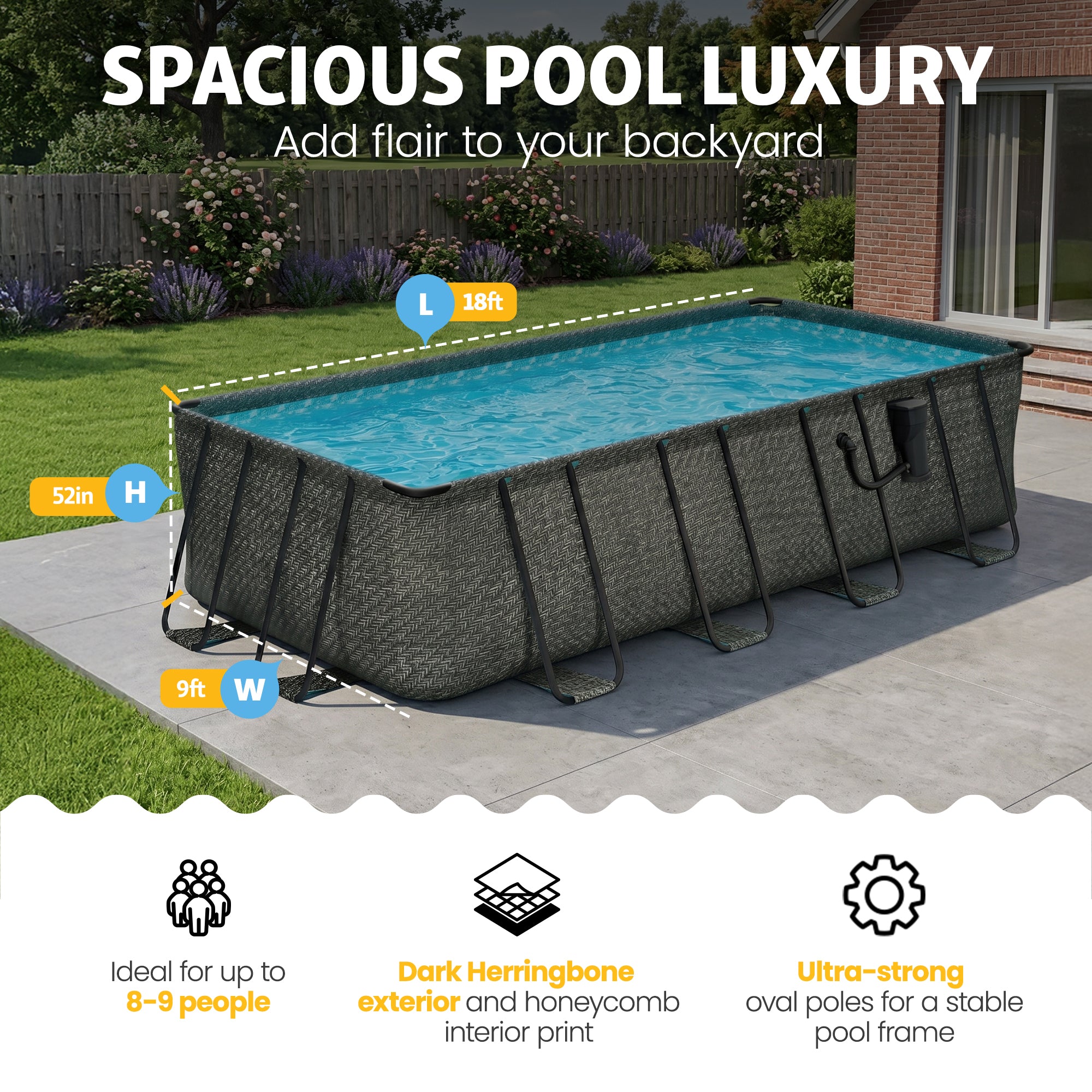 Funsicle 18 Ft Oasis Designer Lap Above Ground Pool w/ Pump, Dark Herringbone