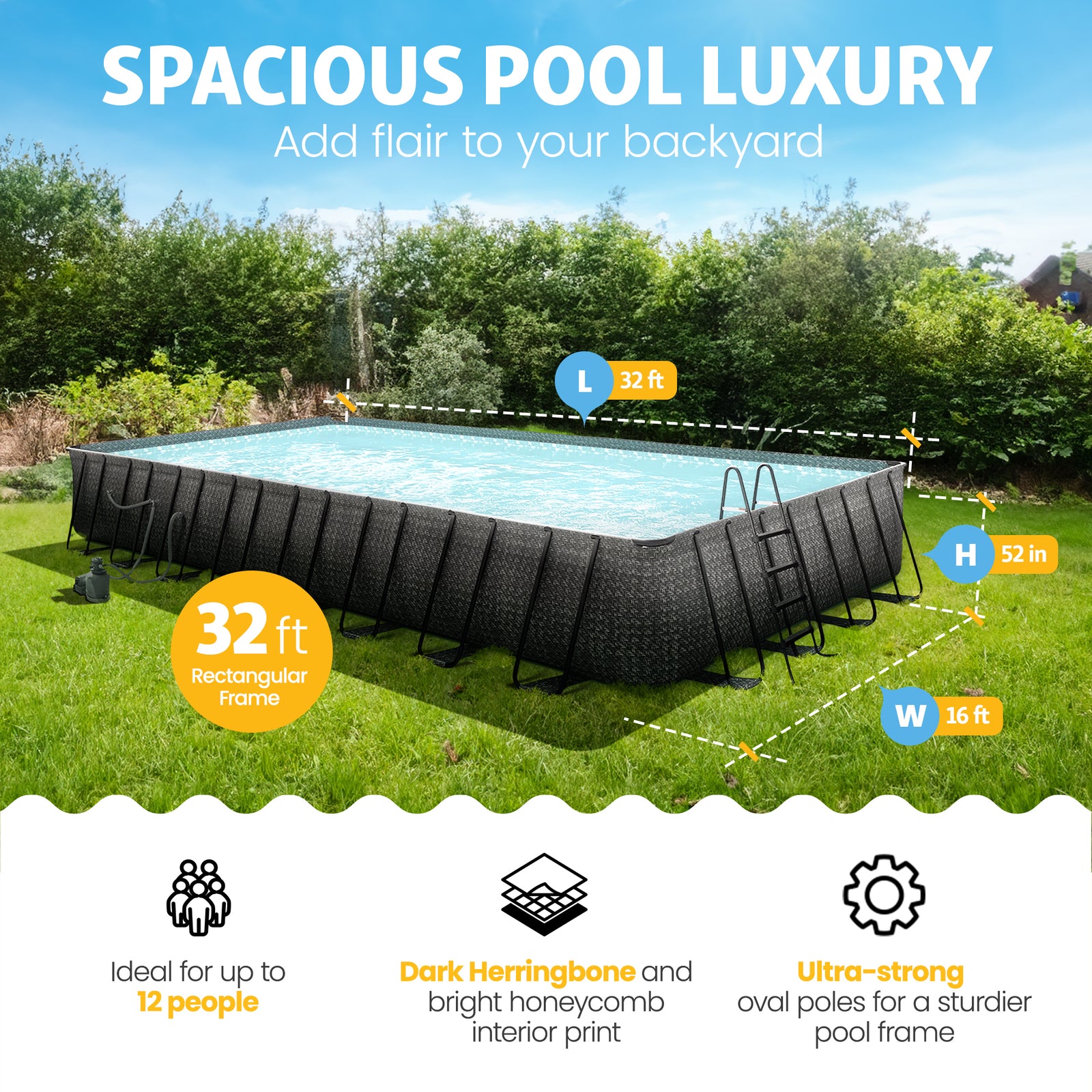 32ft x 16ft x 52in Oasis Designer Rectangle Lap Pool, Dark Herringbone (Used) - VMInnovations