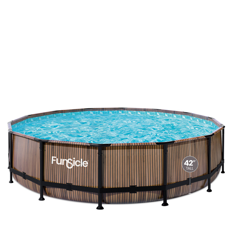 Funsicle 14ft x 42in Designer Round Frame Swimming Pool, Natural Teak(For Parts)