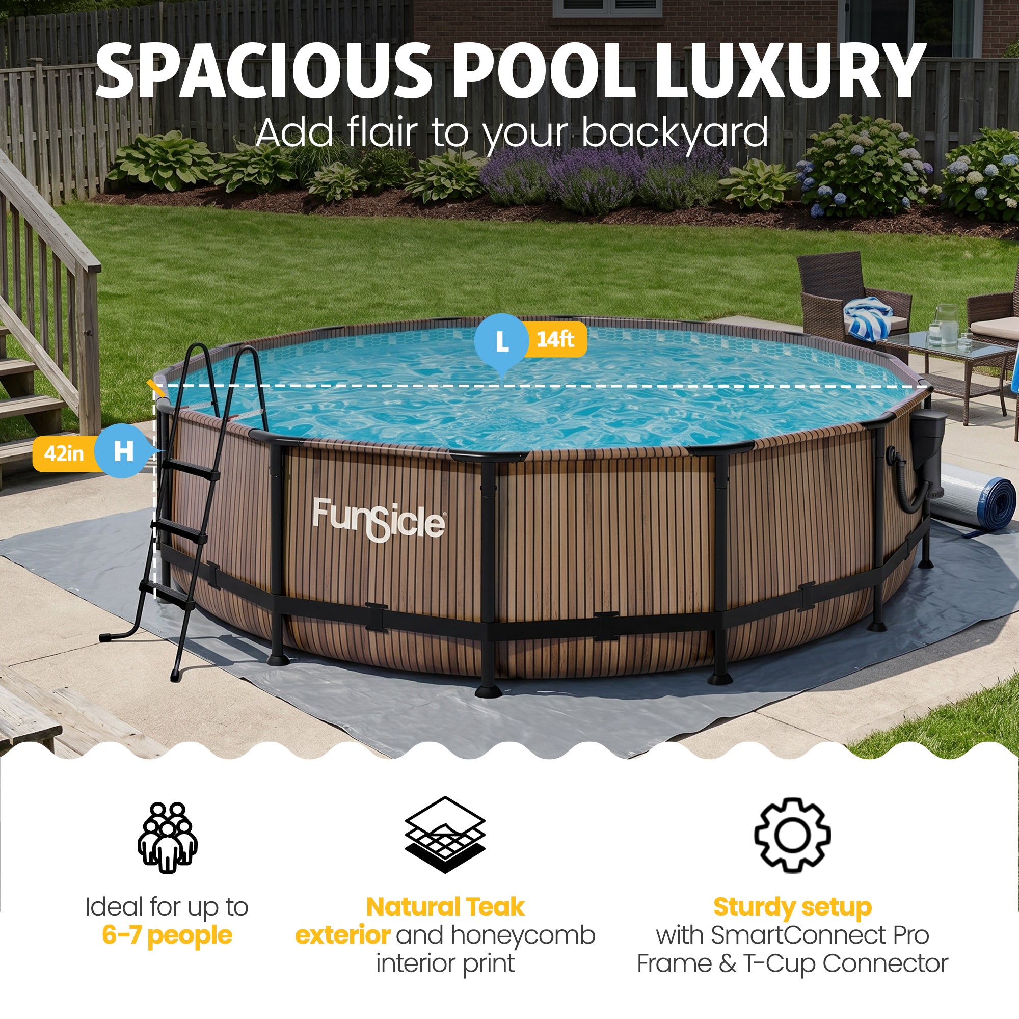 Funsicle 14' x 42" Oasis Round Outdoor Above Ground Pool, Natural Teak(Open Box) - VMInnovations