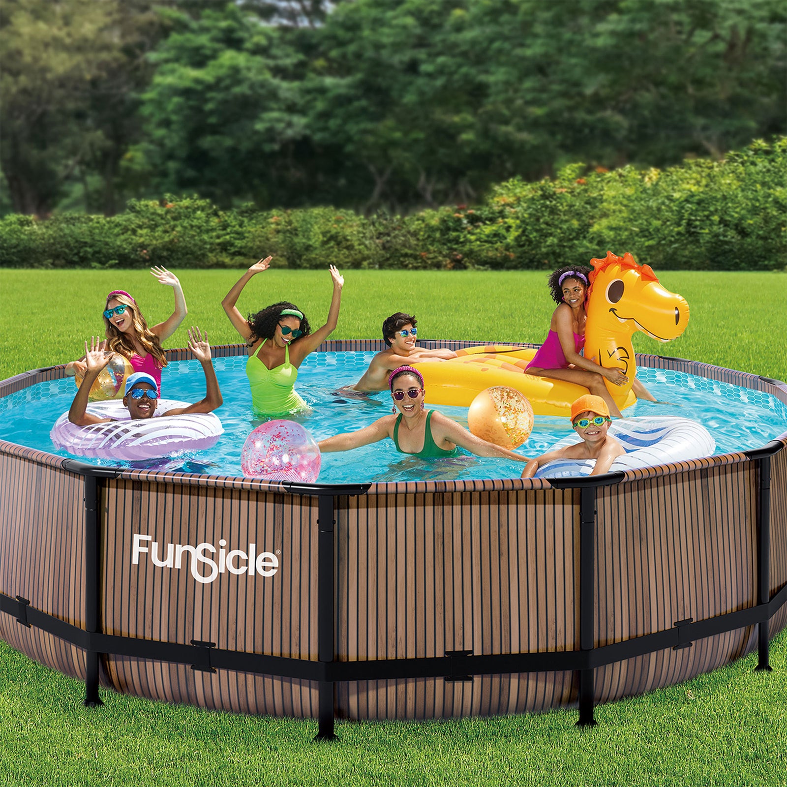 Funsicle 14ft x 42in Designer Round Frame Swimming Pool, Natural Teak(For Parts) - VMInnovations