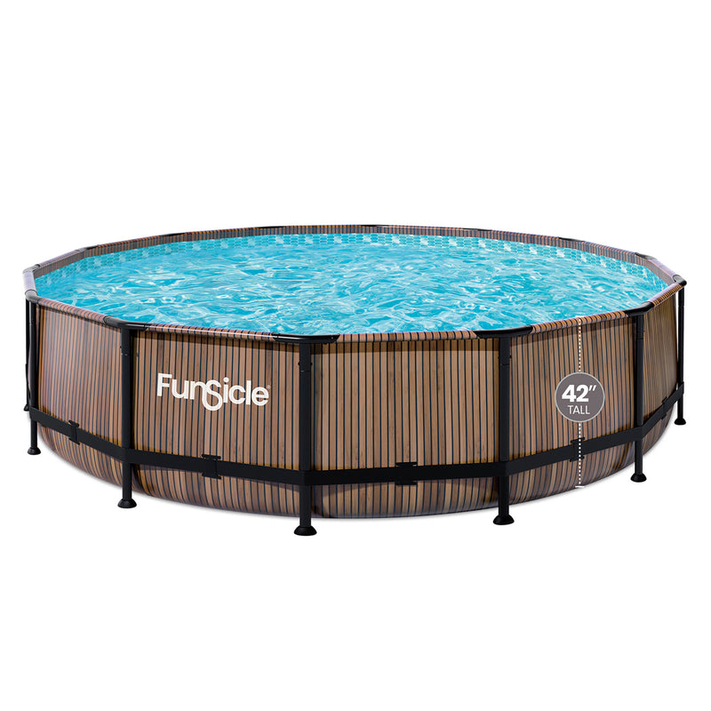 Funsicle 14ft x 42in Designer Round Frame Swimming Pool, Natural Teak(For Parts)