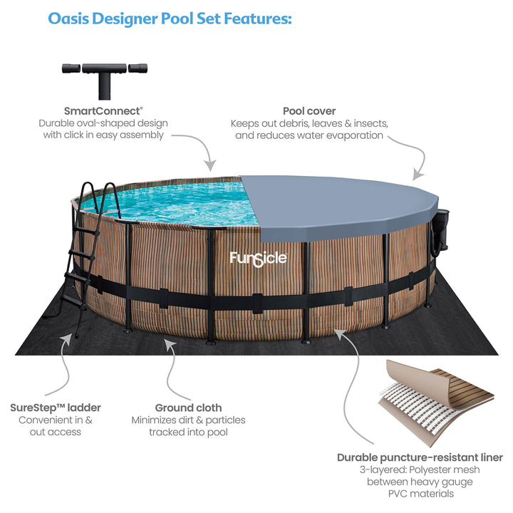 Funsicle 16' x 48" Oasis Round Outdoor Above Ground Swimming Pool, Natural Teak