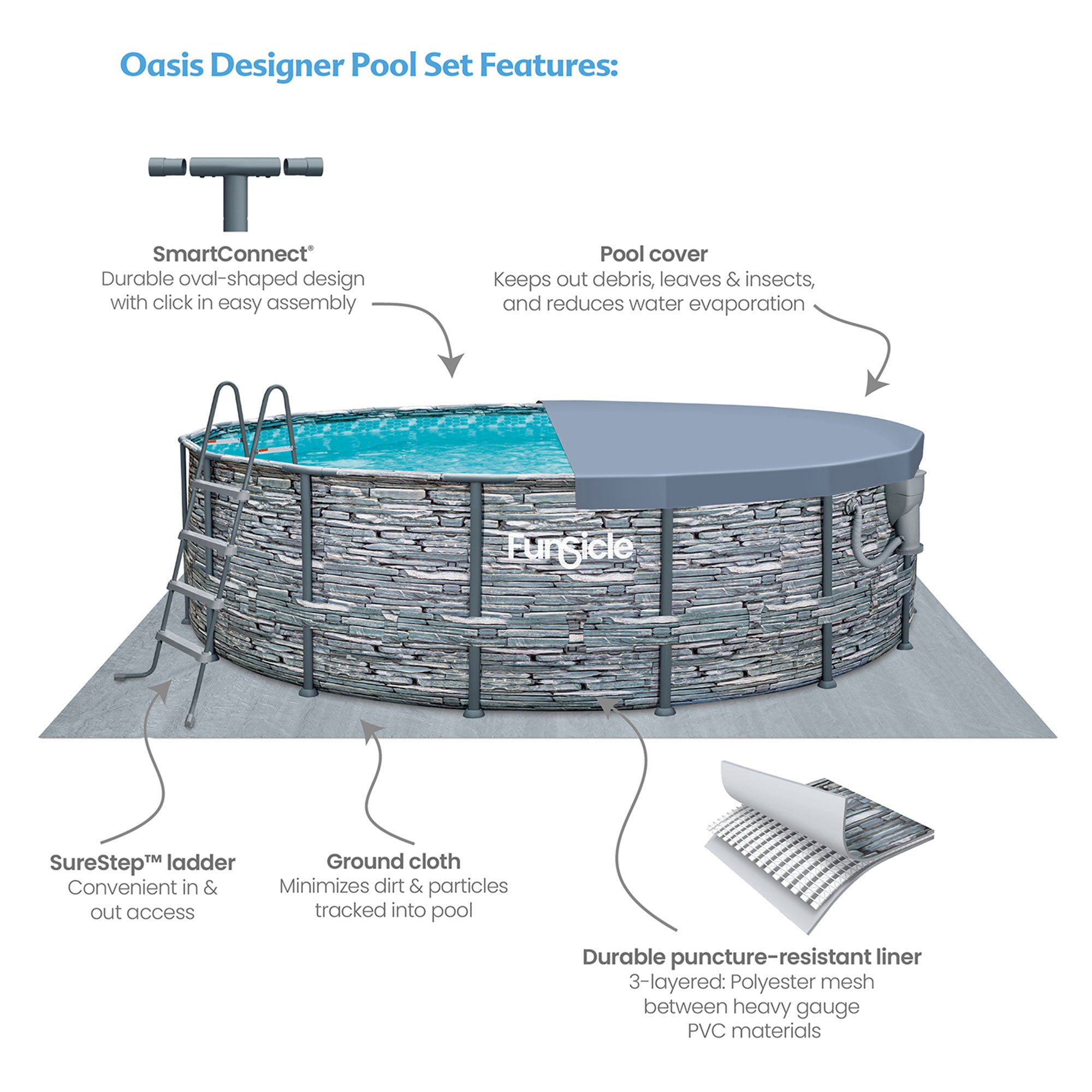 Funsicle 16' x 48" Oasis Designer Above Ground Swimming Pool Set, Stone (Used) - VMInnovations