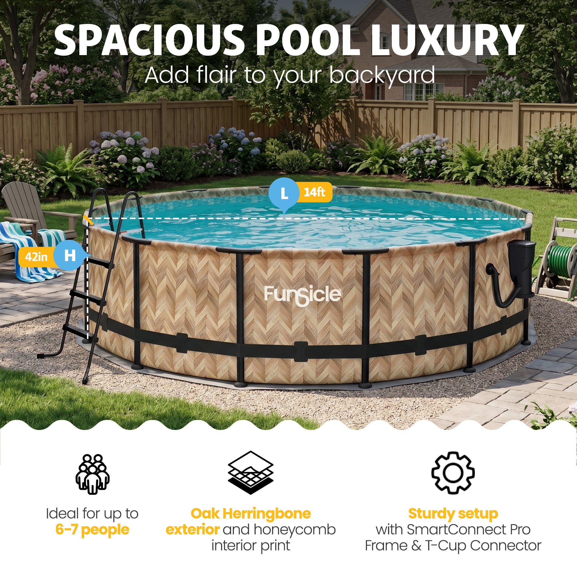 Funsicle 14' x 42" Oasis Round Outdoor Above Ground Swim Pool, Oak Herringbone