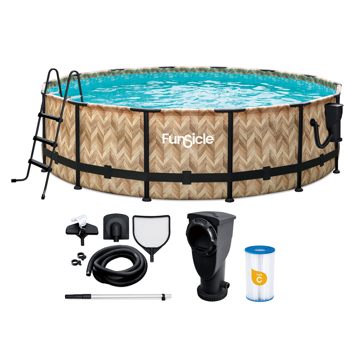 Funsicle 14' x 42" Oasis Round Above Ground Pool, Oak Herringbone (Open Box) - VMInnovations