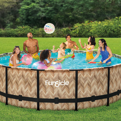 Funsicle 14' x 42" Oasis Round Outdoor Above Ground Swim Pool, Oak Herringbone