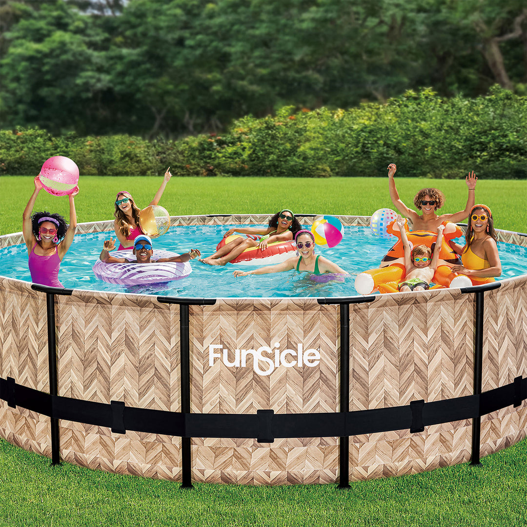 Funsicle 16' x 48" Oasis Round Outdoor Above Ground Swim Pool, Oak Herringbone