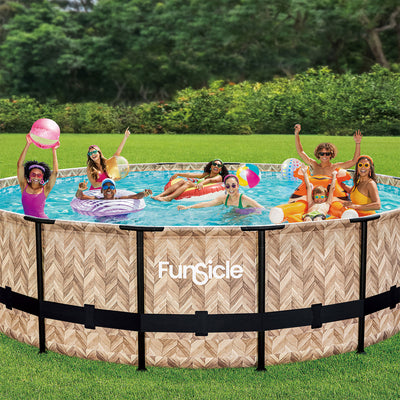 Funsicle 16' x 48" Oasis Round Above Ground Swim Pool, Oak Herringbone(Open Box)