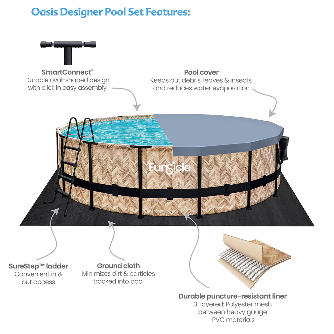 Funsicle 16' x 48" Oasis Round Outdoor Above Ground Swim Pool, Oak Herringbone