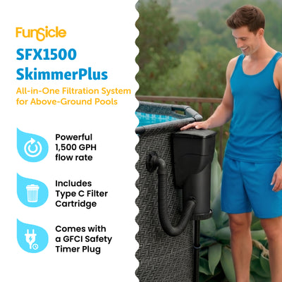 Funsicle 1500 Gallon SkimmerPlus Filter Pump System for Above Ground Pool, Black