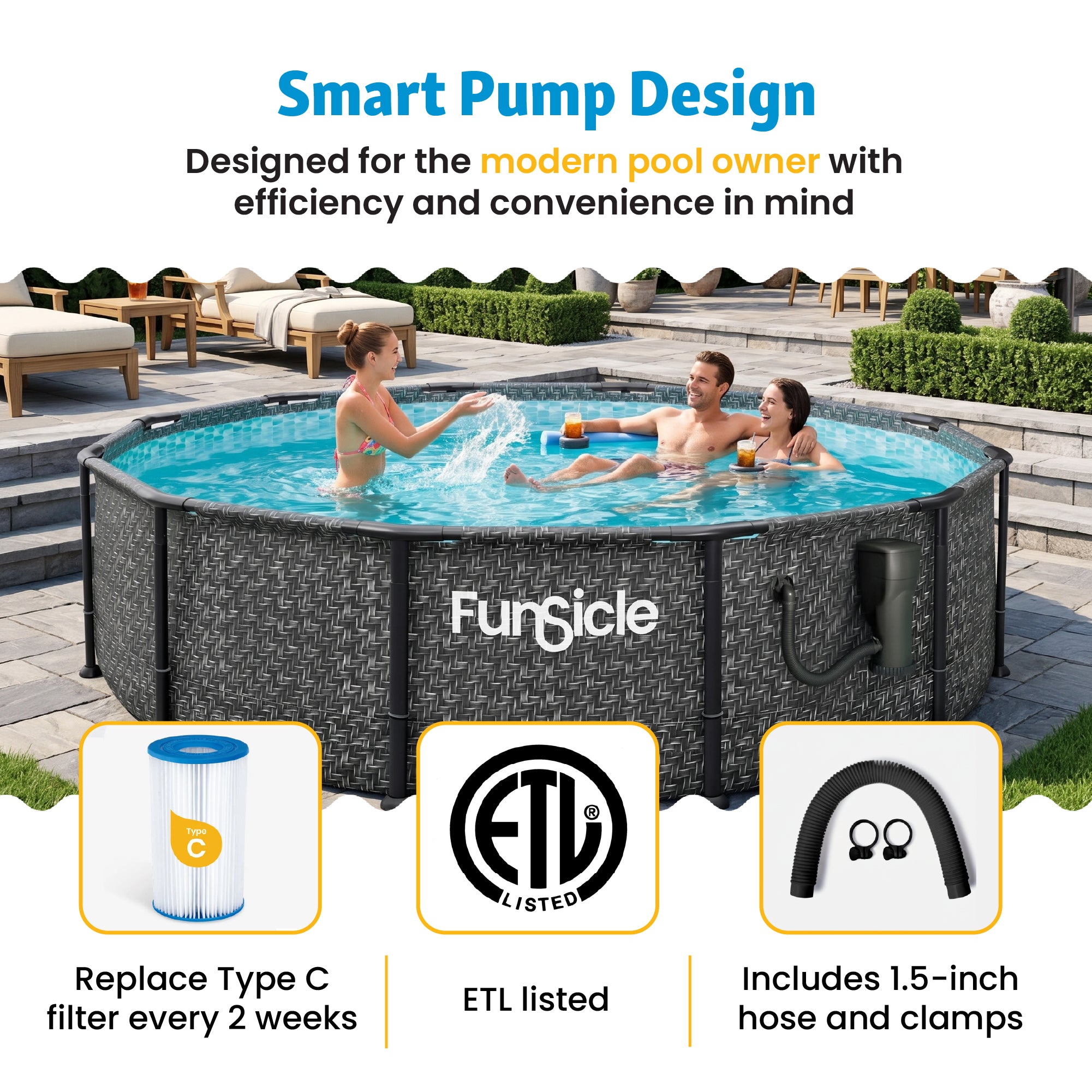 Funsicle 1500 Gallon SkimmerPlus Filter Pump System for Above Ground Pool, Black
