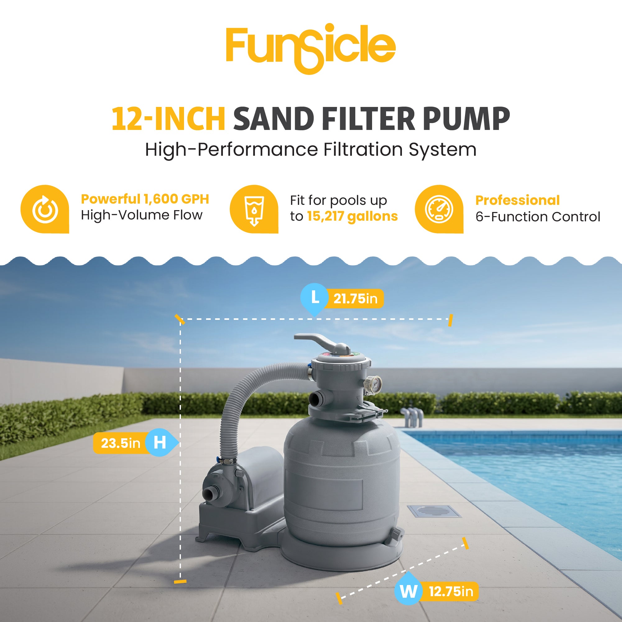 Funsicle 12 Inch Sand Filter Pump for Above Ground Pools, 1600 GPH Flow Rate - VMInnovations