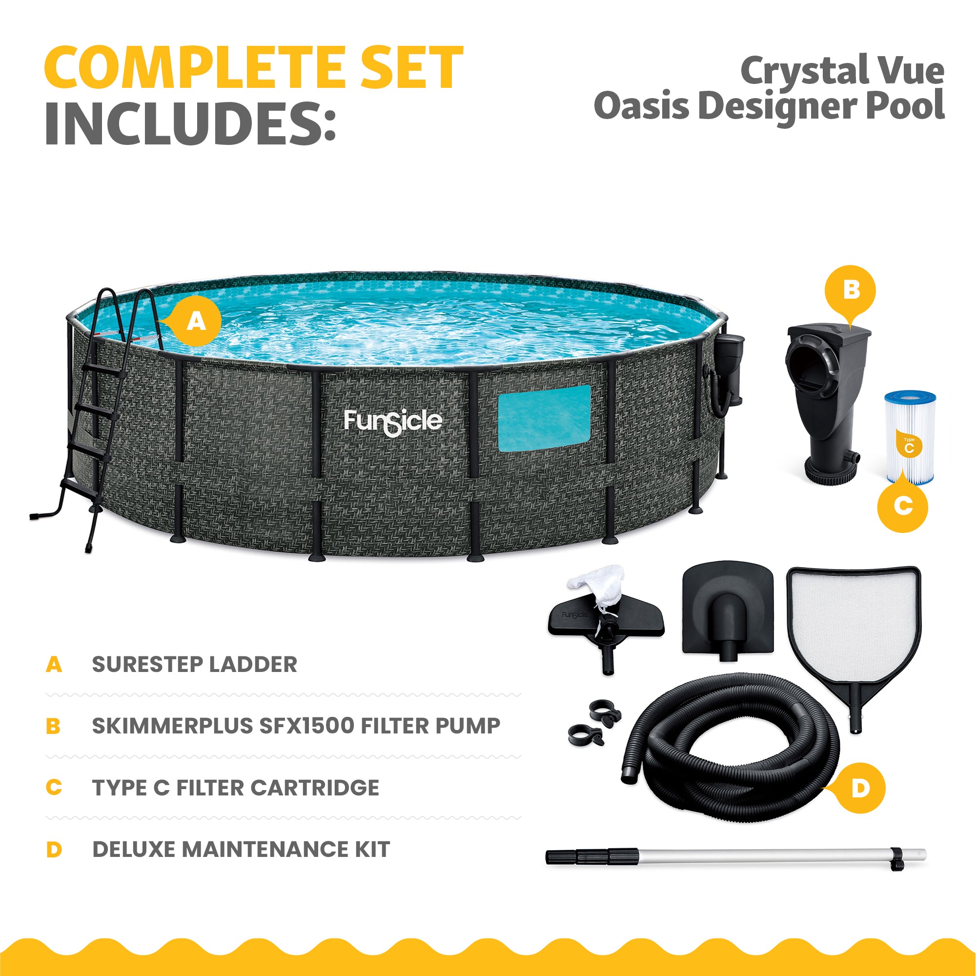 Funsicle 16' x 48" Crystal Vue Oasis Above Ground Swimming Pool Set, Herringbone
