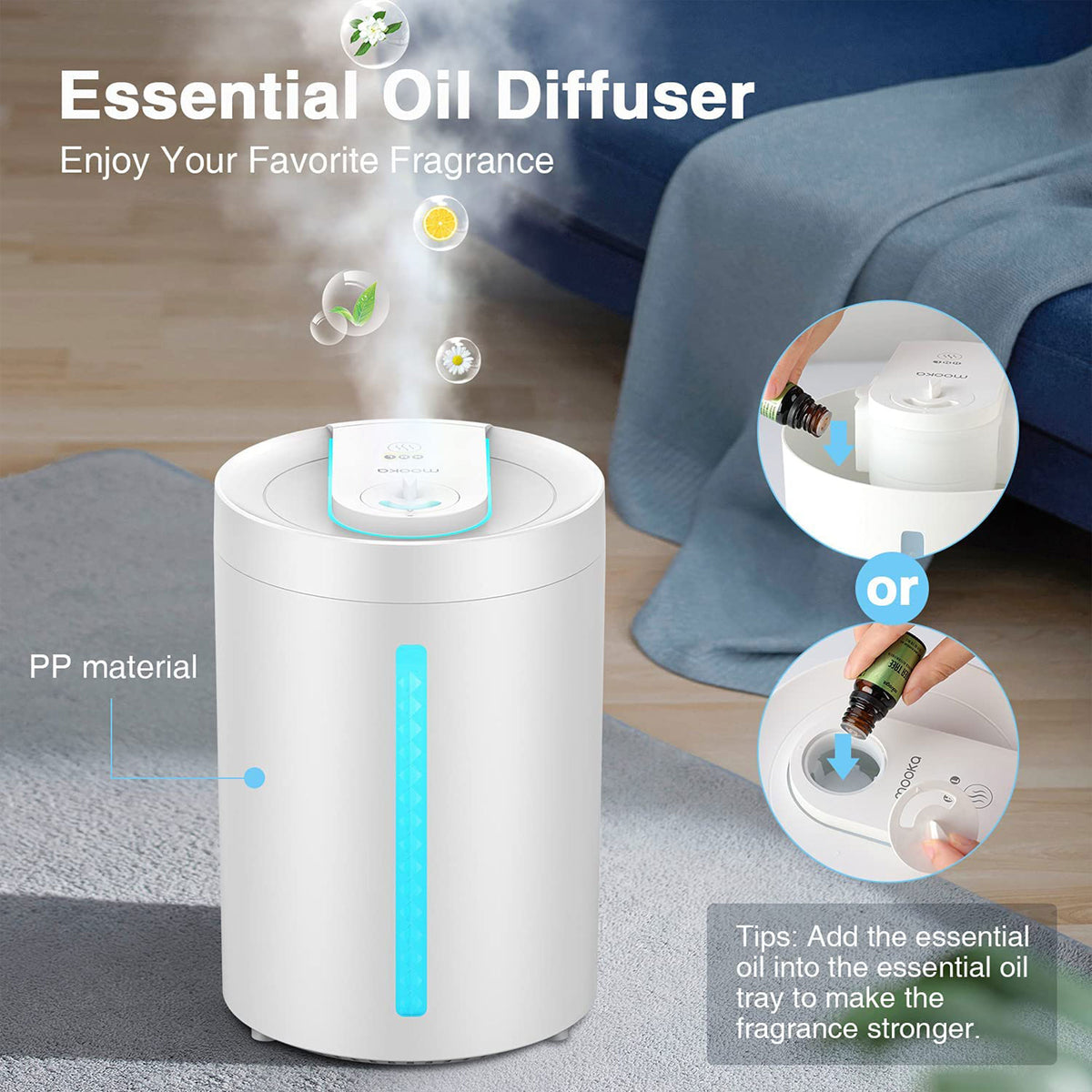 MOOKA UHM-JS02 Cool Mist 2-In-1 Top Fill Indoor Home Humidifier and Diffuser