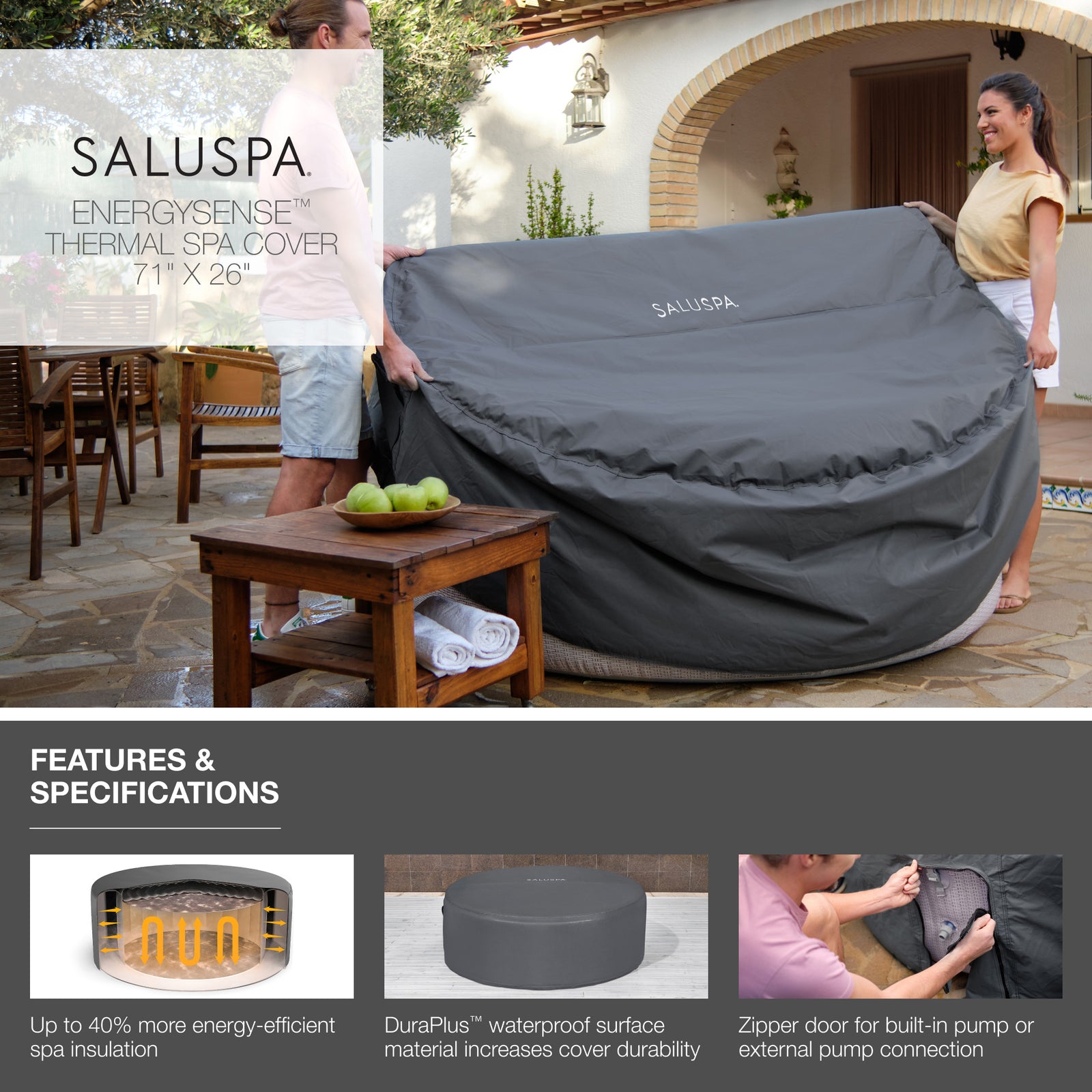 SaluSpa 71x26 Inch EnergySense DuraPlus Waterproof Round Thermal Spa Cover, Gray - VMInnovations