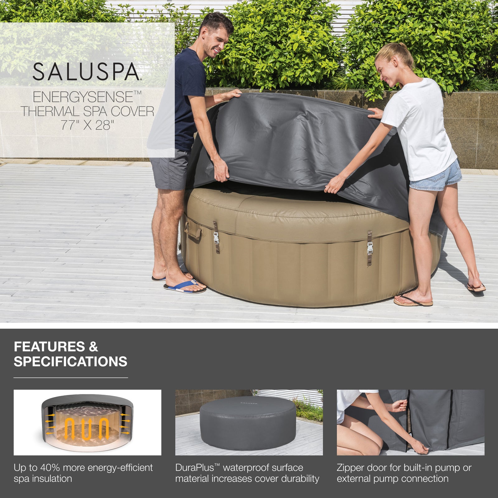 SaluSpa 77x28 Inch EnergySense DuraPlus Waterproof Round Thermal Spa Cover, Gray - VMInnovations