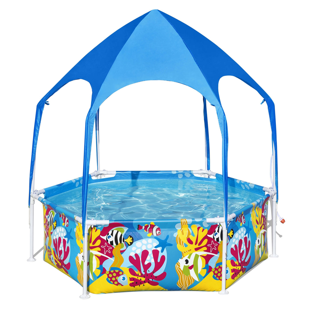 Bestway 6' x 20" Above Ground Kids Round Swimming Pool with Shaded Canopy, Sea