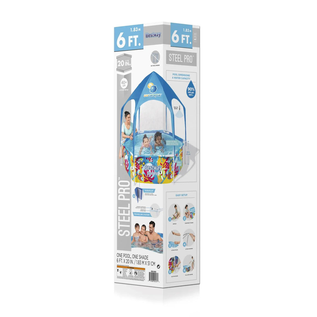 Bestway 6' x 20" Above Ground Kids Round Swimming Pool with Shaded Canopy, Sea