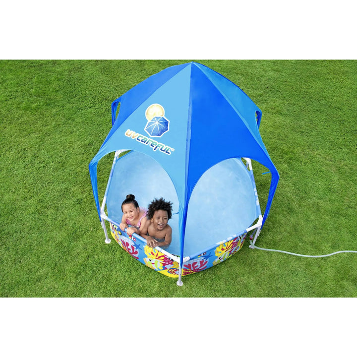 Bestway 6' x 20" Above Ground Kids Round Swimming Pool with Shaded Canopy, Sea