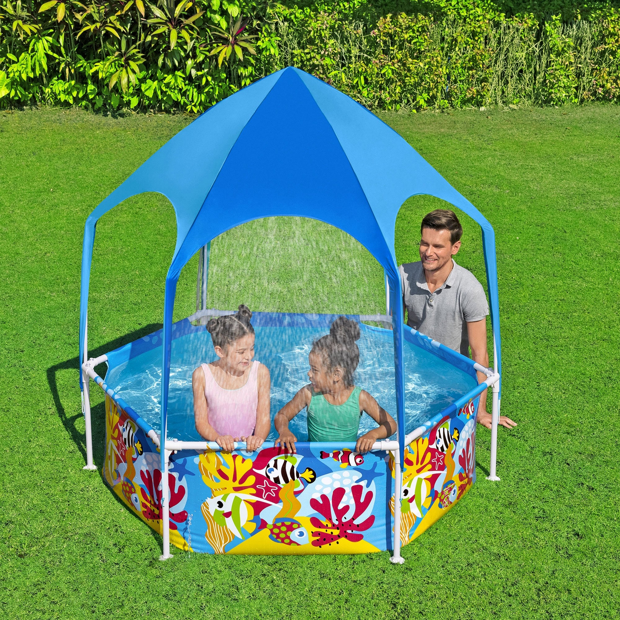 Bestway 6' x 20" Above Ground Kids Round Swimming Pool w/ Canopy, Sea (Open Box) - VMInnovations