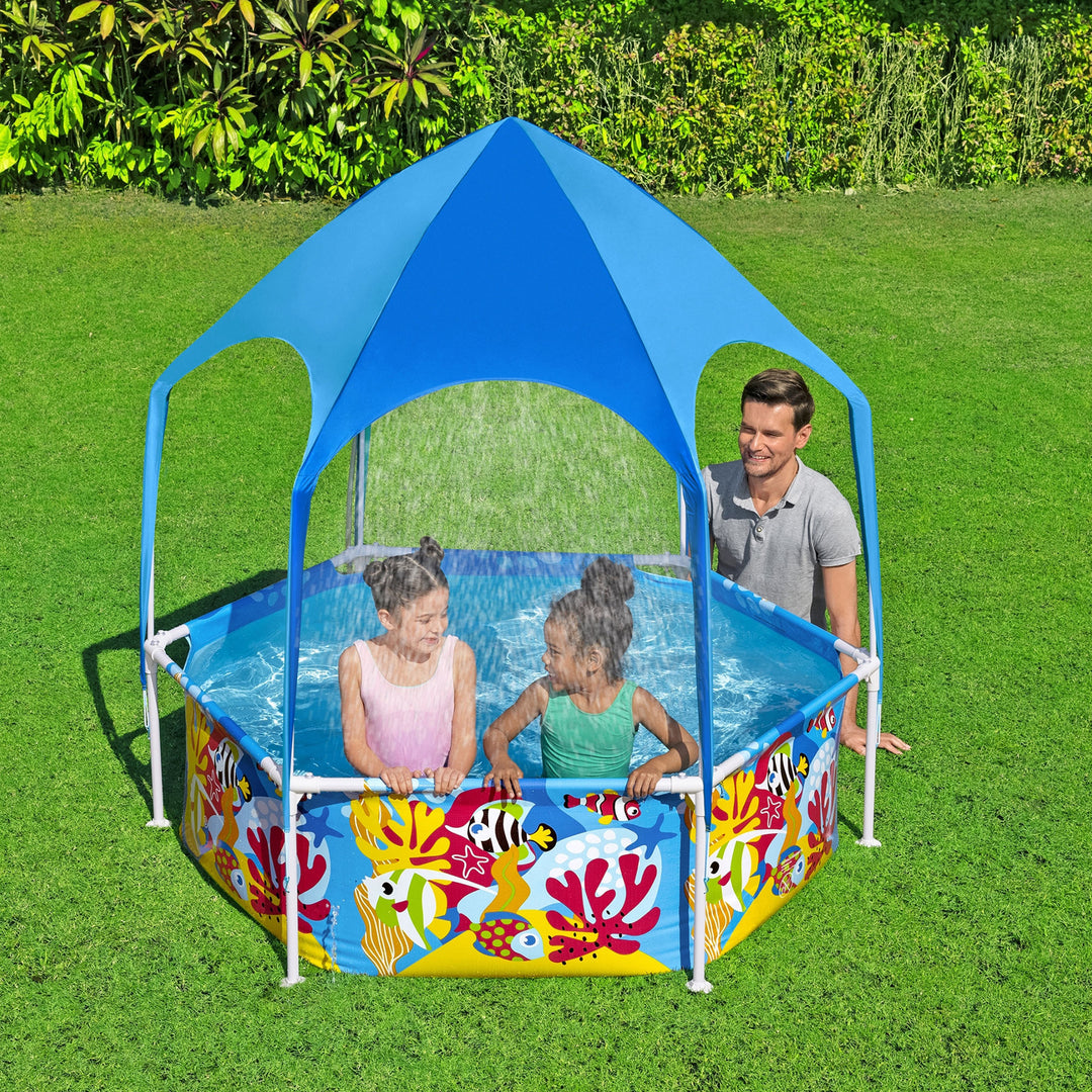 Bestway 6' x 20" Above Ground Kids Round Swimming Pool with Shaded Canopy, Sea