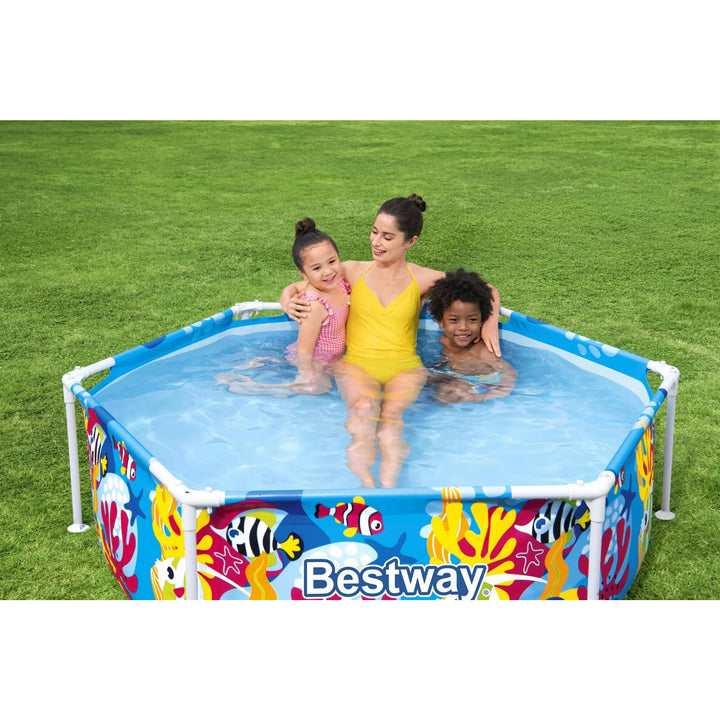 Bestway 6' x 20" Above Ground Kids Round Swimming Pool with Shaded Canopy, Sea