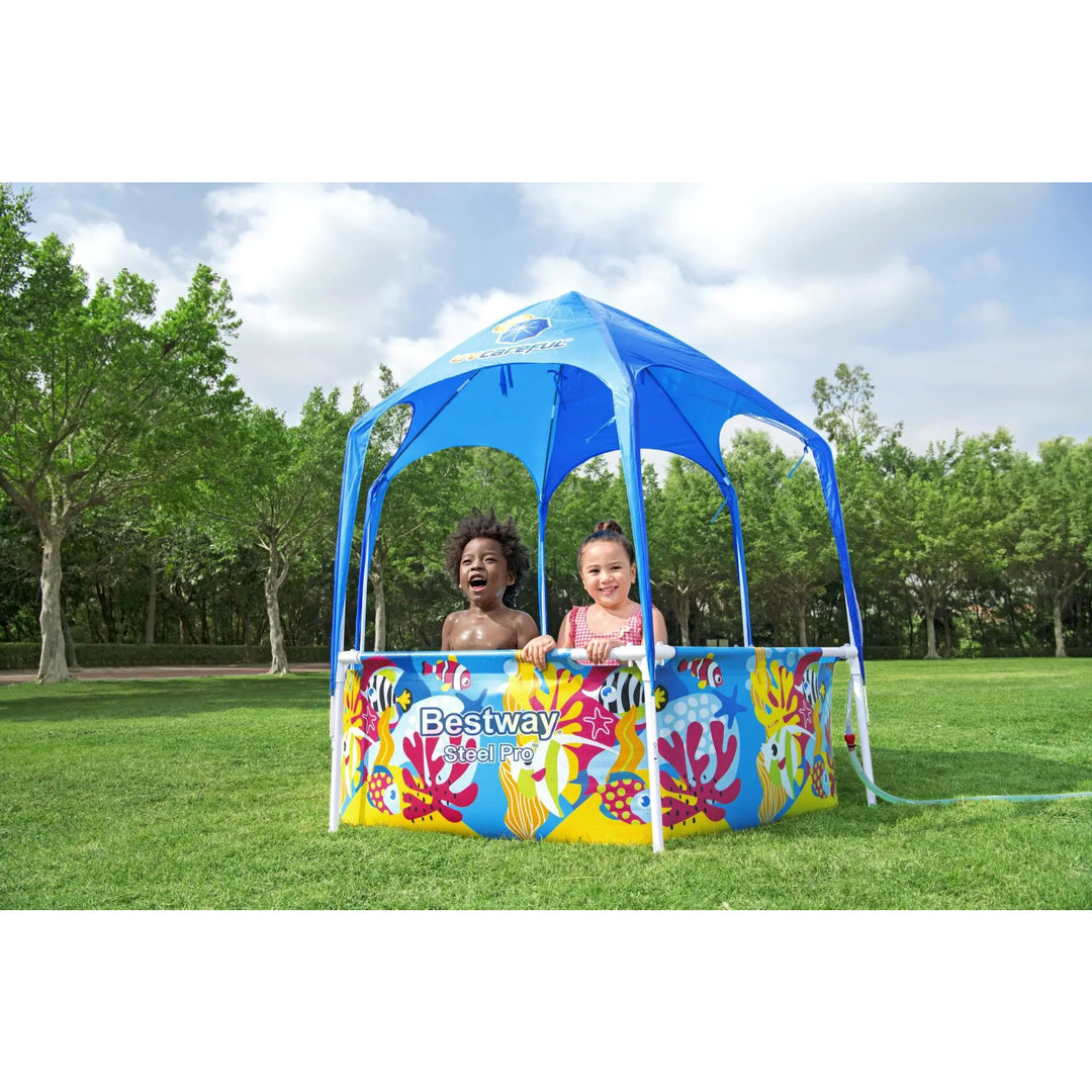 Bestway 6' x 20" Above Ground Kids Round Swimming Pool with Shaded Canopy, Sea