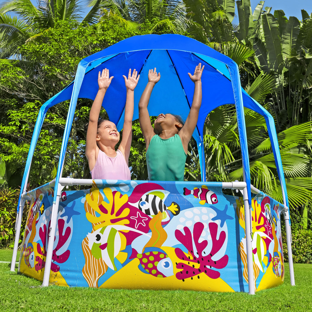 Bestway 6' x 20" Above Ground Kids Round Swimming Pool with Shaded Canopy, Sea