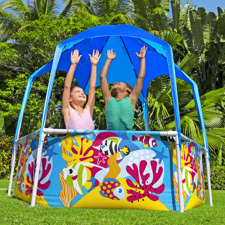 Bestway 6' x 20" Above Ground Kids Round Swimming Pool with Shaded Canopy, Sea
