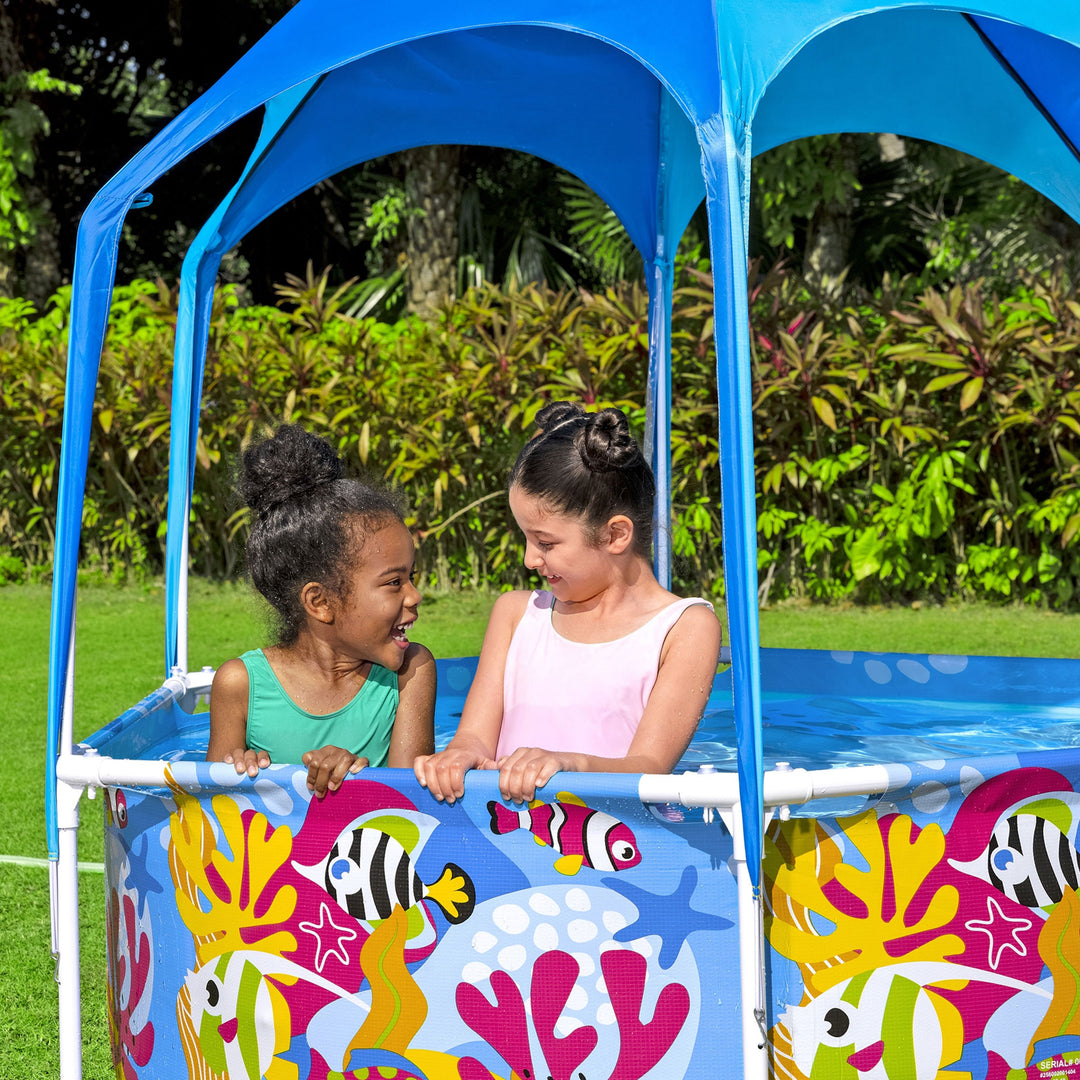 Bestway 6' x 20" Above Ground Kids Round Swimming Pool with Shaded Canopy, Sea - VMInnovations