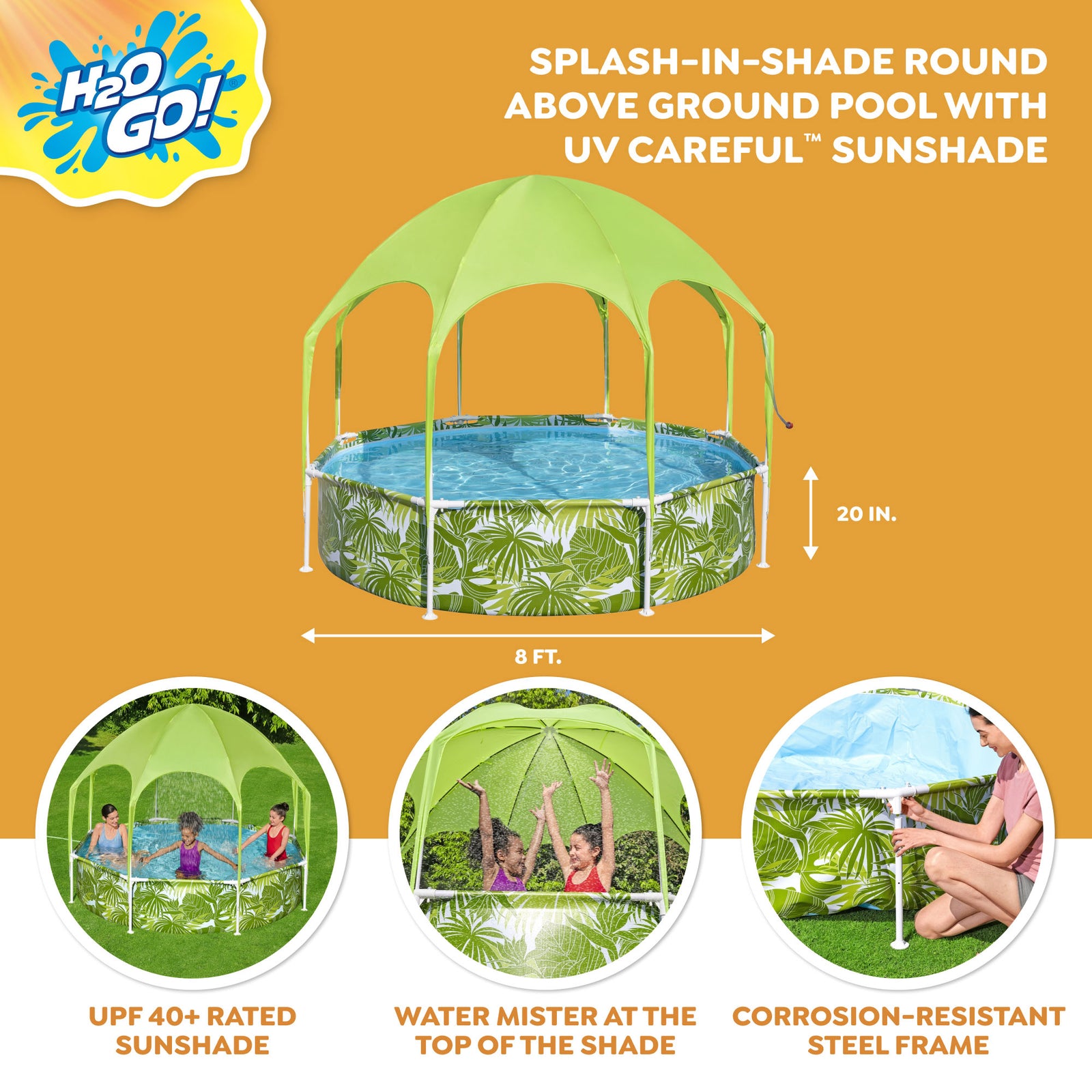 H2OGO! Kids Splash-in-Shade Round Above Ground Pool with Canopy Sunshade, Green - VMInnovations