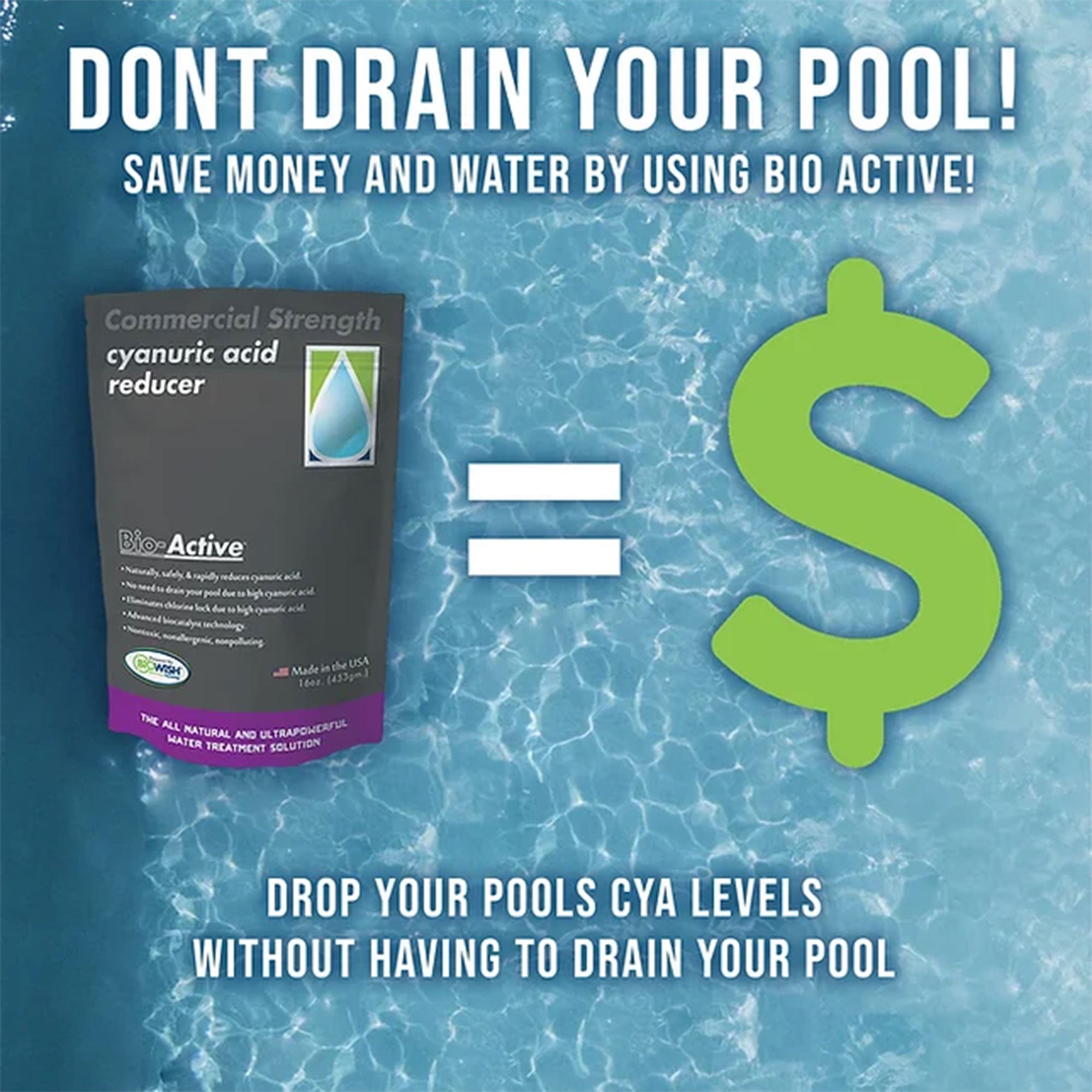 Bio-Active Non Polluting Cyanuric Acid Reducer Powder for Swimming Pools, 16 Oz - VMInnovations