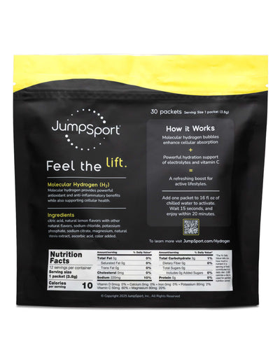 JumpSport 30 Pack Liquid Hydrogen + Electrolyte Zero Sugar Drink Mix, Lemon