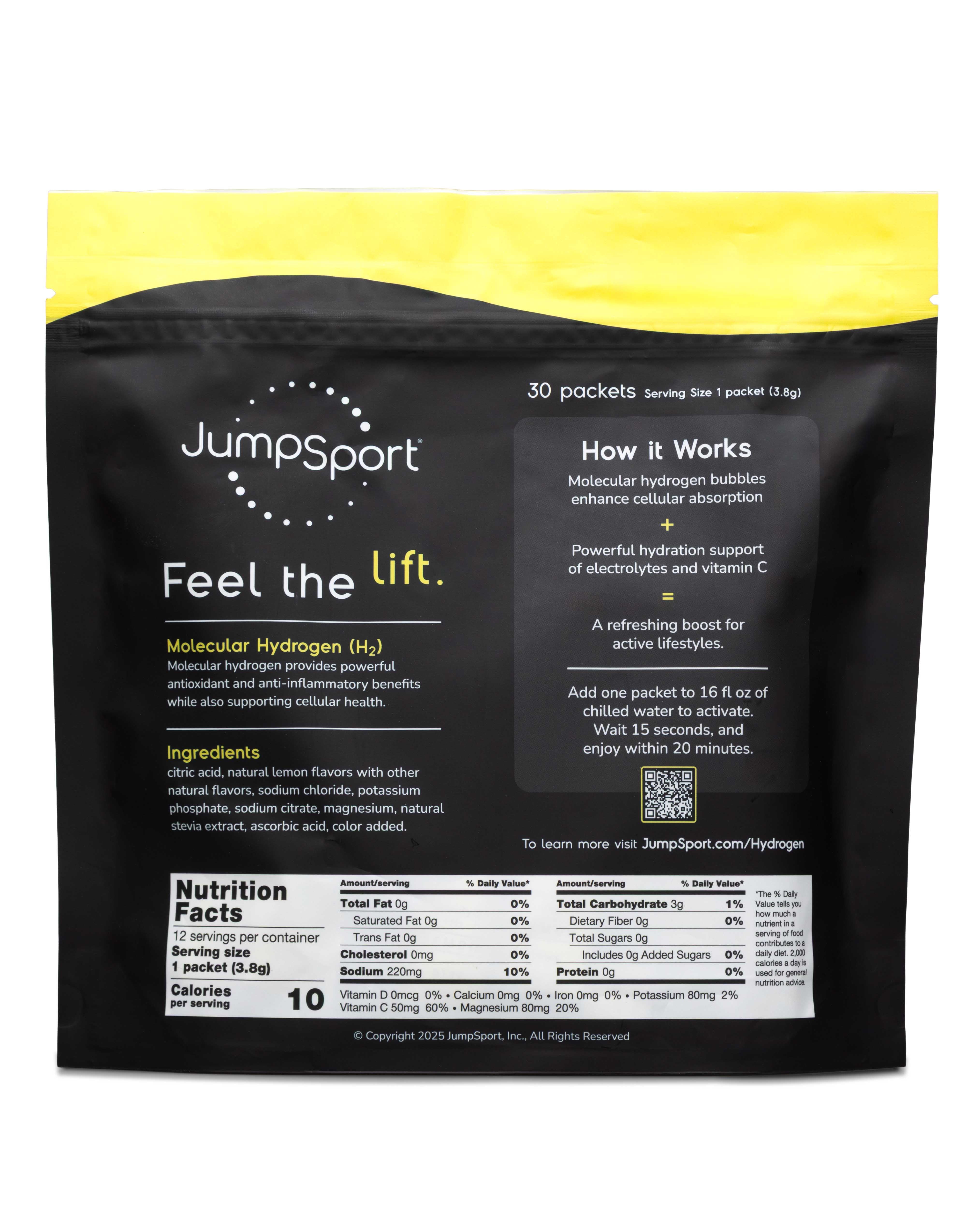 JumpSport 30 Pack Liquid Hydrogen + Electrolyte Zero Sugar Drink Mix, Lemon