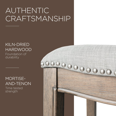 Maven Lane Adrien Saddle Bar Stool in Reclaimed Oak Finish w/ Ash Grey Fabric Upholstery