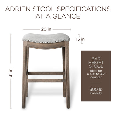 Maven Lane Adrien Saddle Bar Stool in Reclaimed Oak Finish w/ Ash Grey Fabric Upholstery