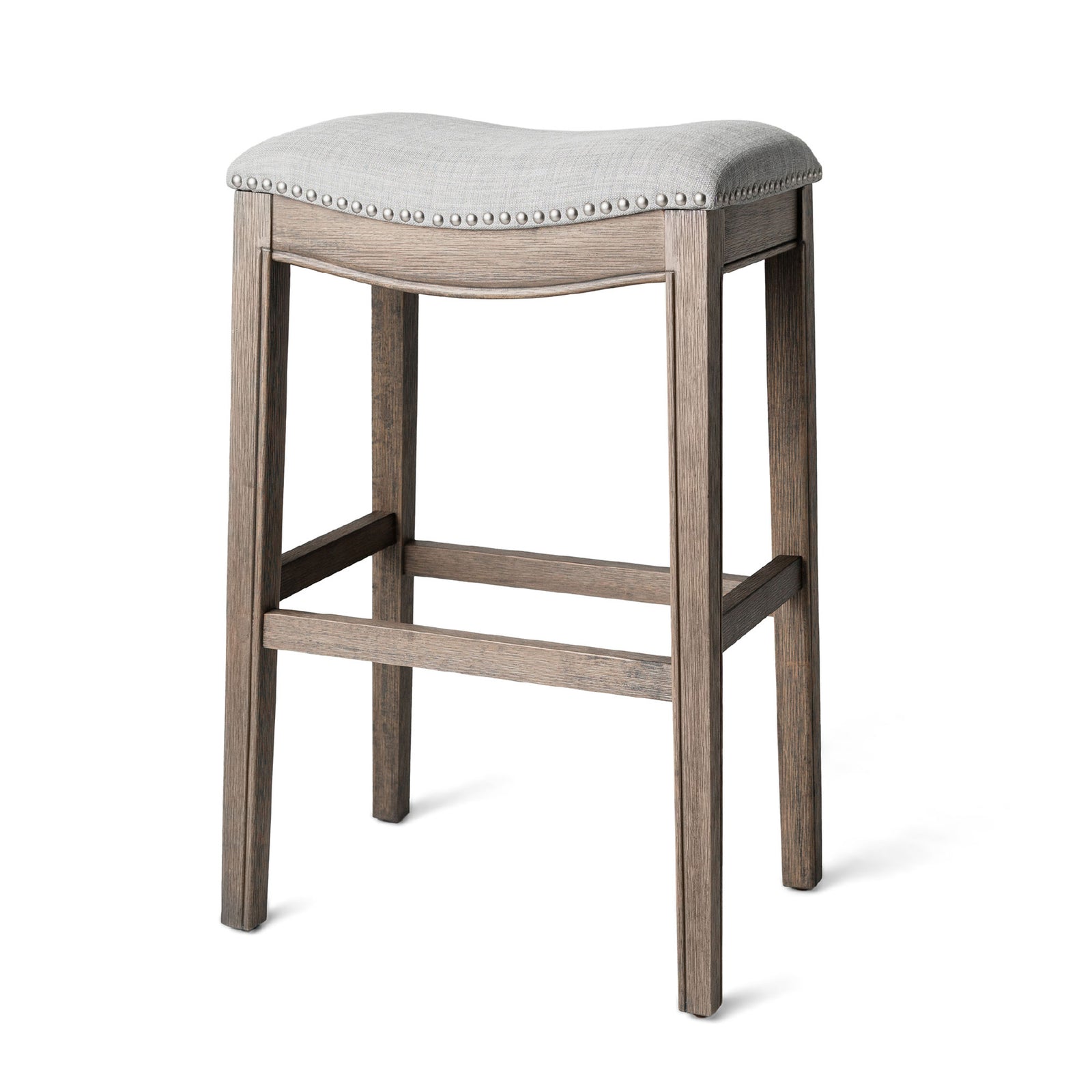 Maven Lane Adrien Saddle Bar Stool in Reclaimed Oak Finish w/ Ash Grey Fabric Upholstery - VMInnovations