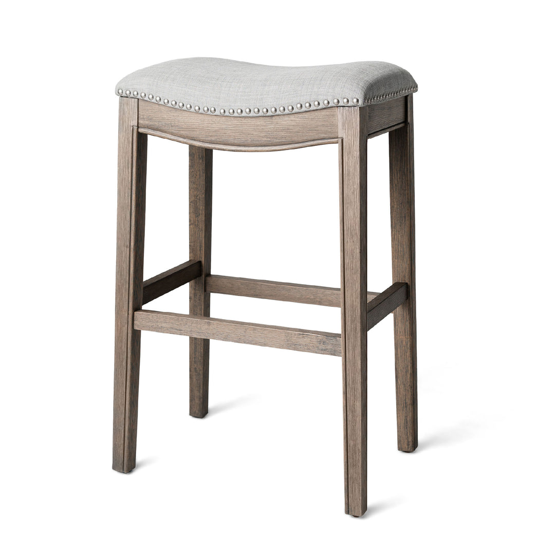 Maven Lane Adrien Saddle Backless Bar Stool, Reclaimed Oak, Bar Height  (Used) - VMInnovations