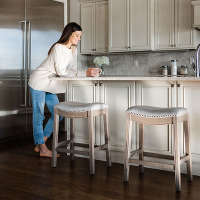 Maven Lane Adrien Saddle Bar Stool in Reclaimed Oak Finish w/ Ash Grey Fabric Upholstery - VMInnovations