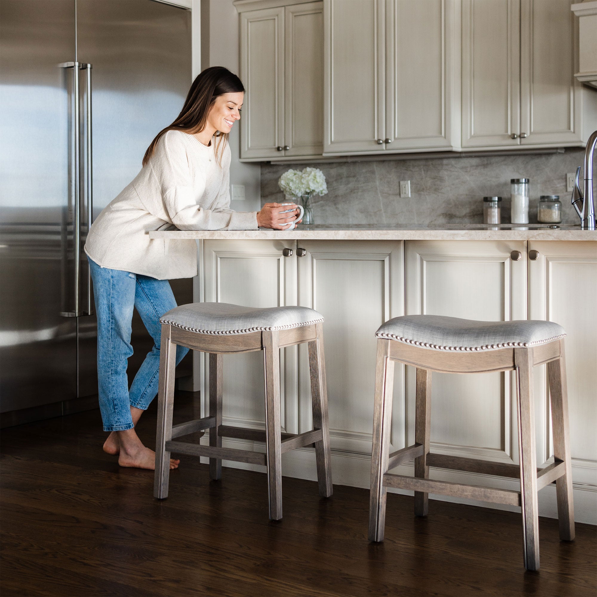 Adrien Saddle Backless Bar Stool w/ Nailhead Trim, Reclaimed Oak (For Parts) - VMInnovations