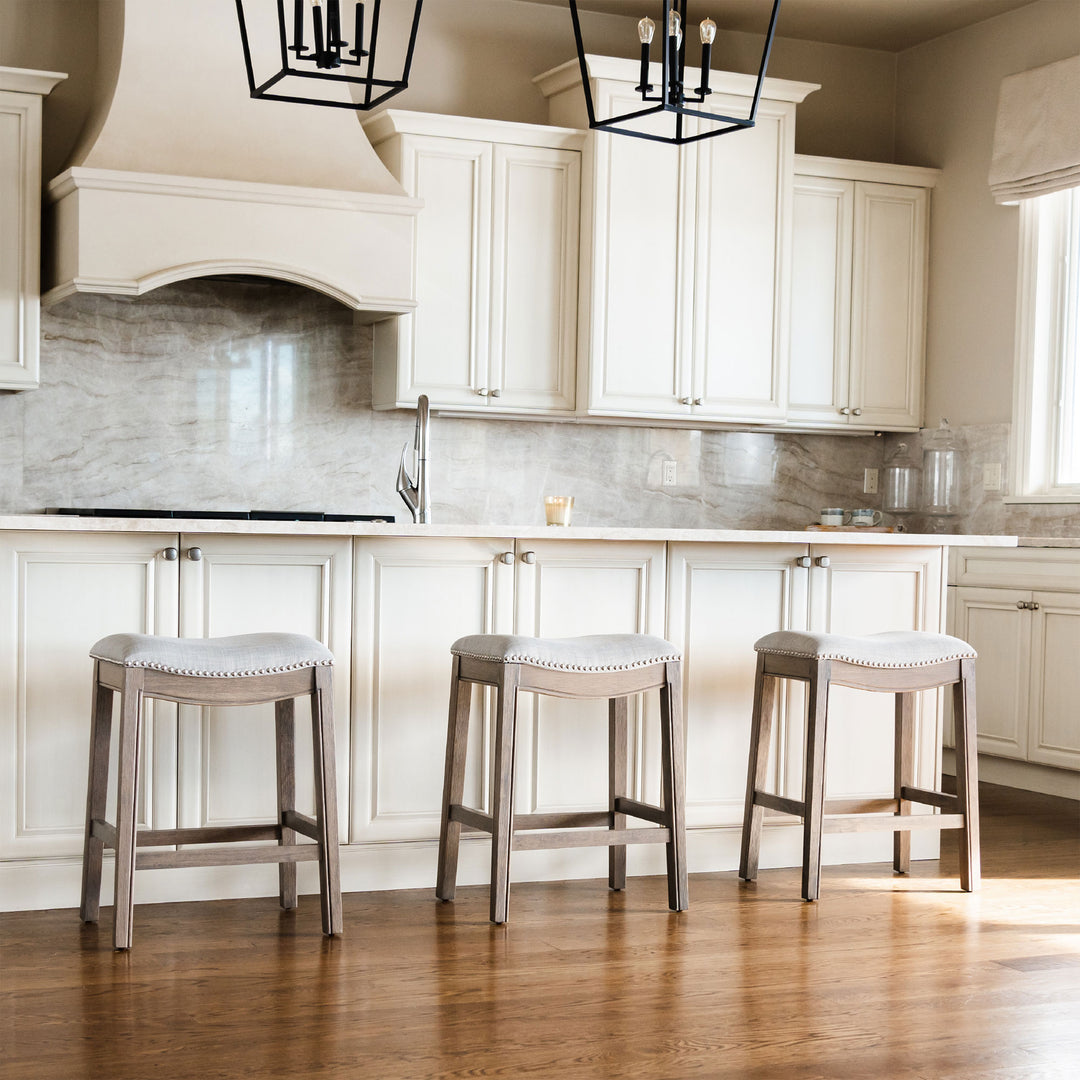 Maven Lane Adrien Saddle Bar Stool in Reclaimed Oak Finish w/ Ash Grey Fabric Upholstery